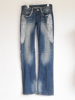 A7 Designer Jeans Swarovski Crystal Wing Bling Bootcut Y2K Blue Low Rise Size 27